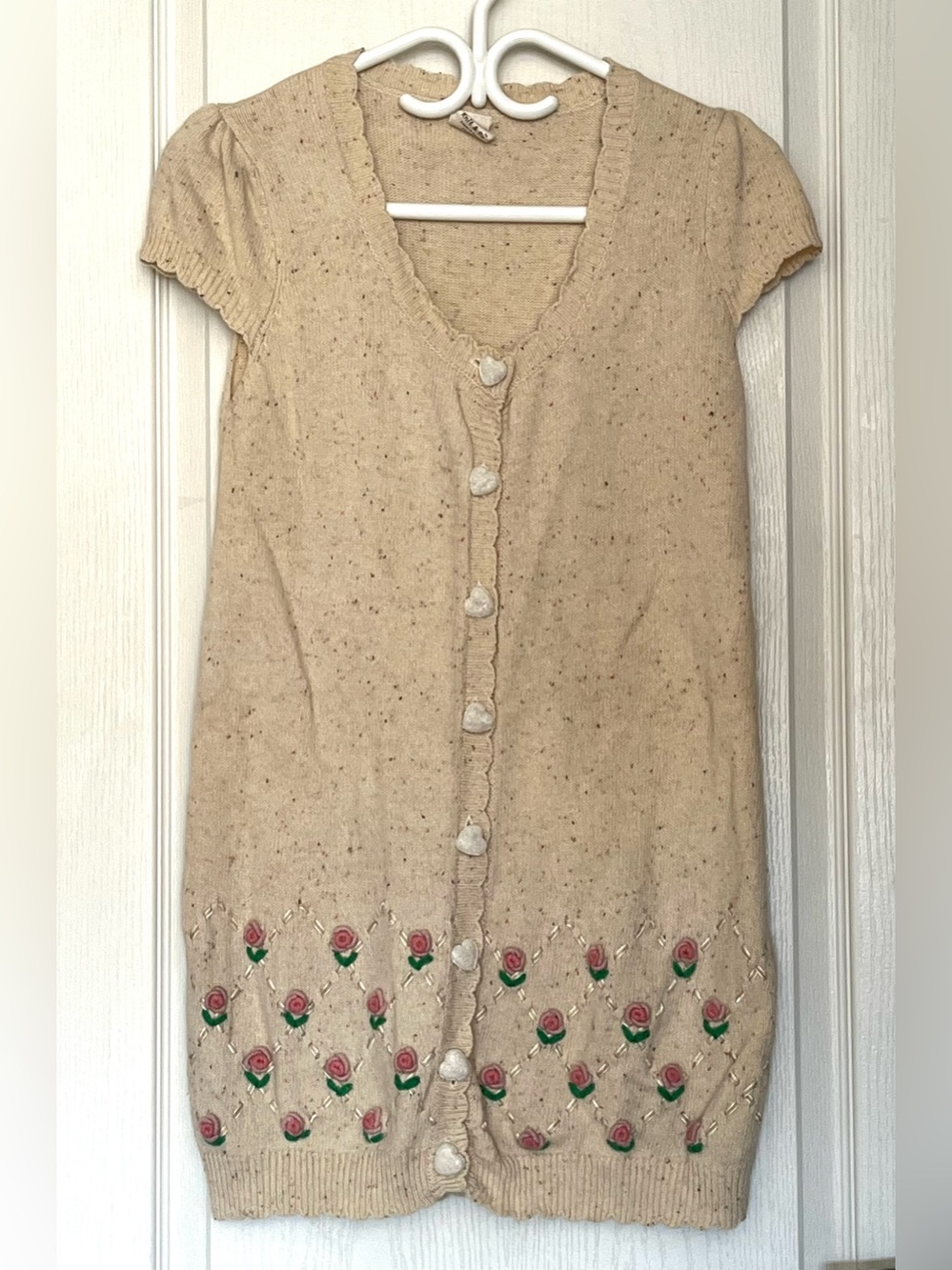 Knit & Co Beige Rose Embroidered Cardigan Long Vest Cottagecore Heart Buttons XS